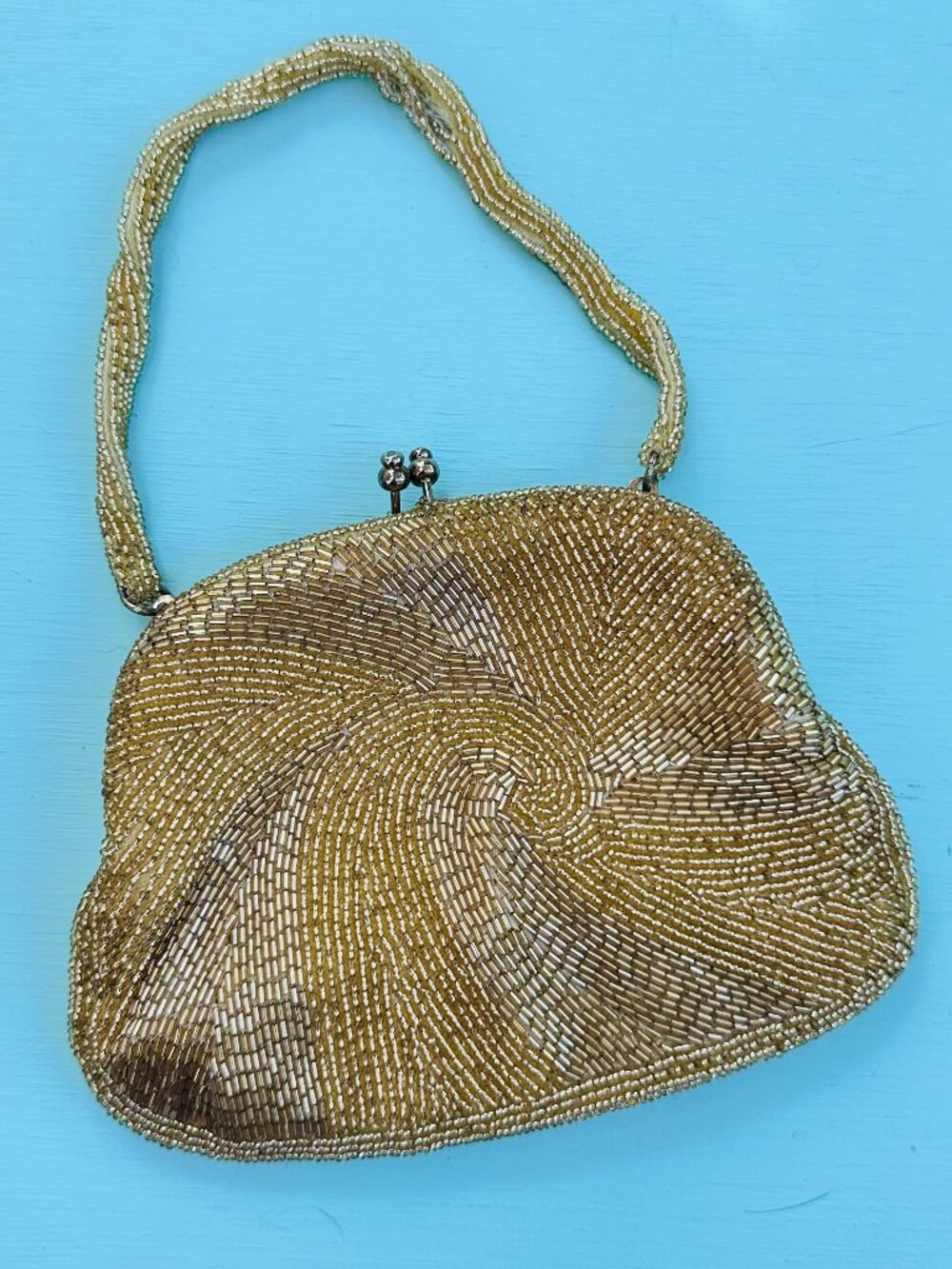 Vintage 60s Gold Beaded Handbag Made in Korea Kiss Lock Evening Purse